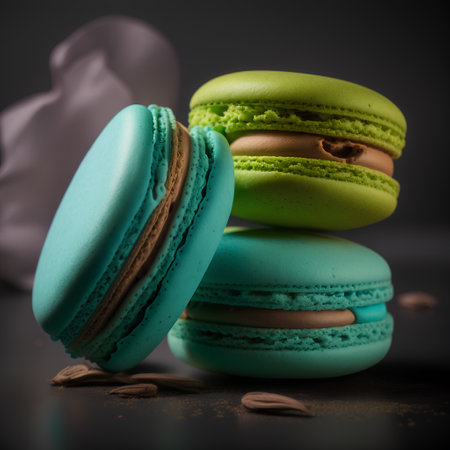 Tasty colorful macaroons on dark background. Toned.の素材