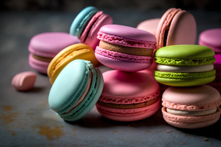 Colorful macaroons on rustic background. Toned.の素材