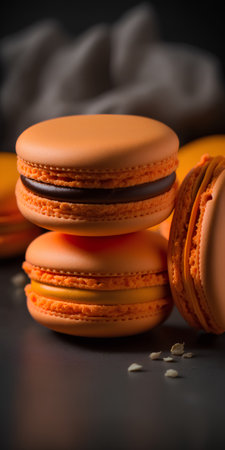 Orange macaroons on a dark background. Close-up.の素材