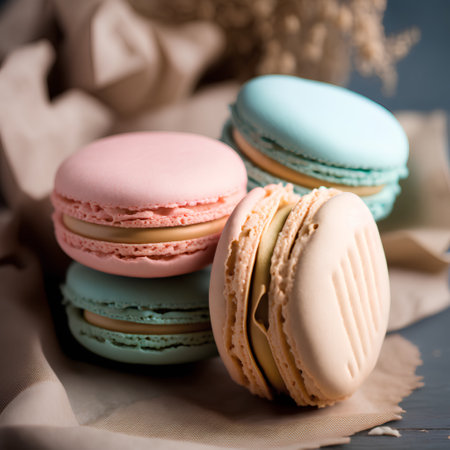 Colorful macaroons on wooden background. Selective focus.の素材