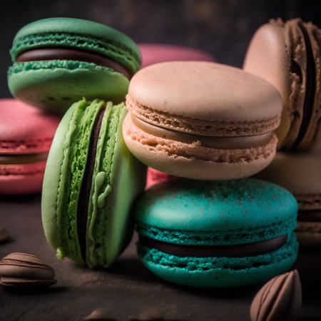 Colorful macaroons on dark background. Selective focus.の素材
