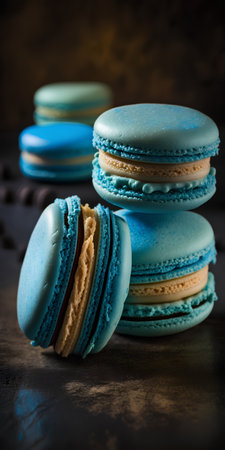Colorful french macaroons on dark background. Toned.の素材