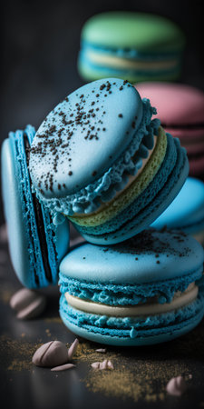 Colorful macaroons on a dark background. Toned.の素材