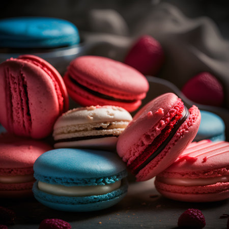 Colorful macaroons on a dark background. Toned.の素材