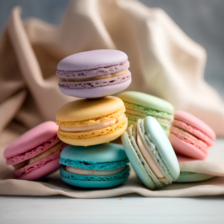 Colorful macaroons on a white wooden background. Selective focus.の素材