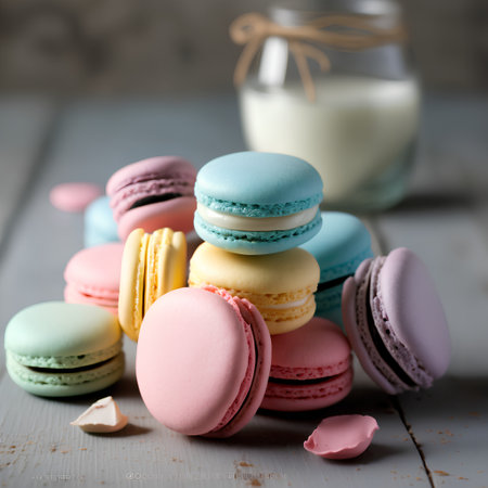 Colorful macaroons on a white wooden background. Selective focus.の素材