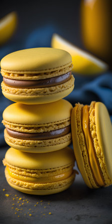 Yellow macarons on a dark background. Selective focus.の素材