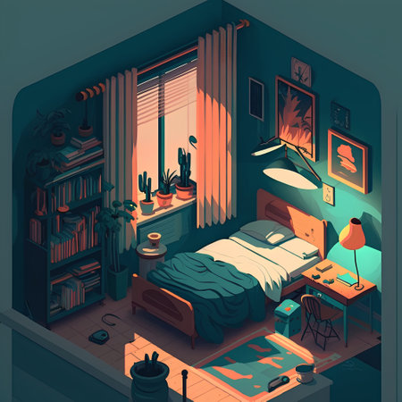Bedroom interior isometric composition with bed and bookshelf vector illustrationの素材
