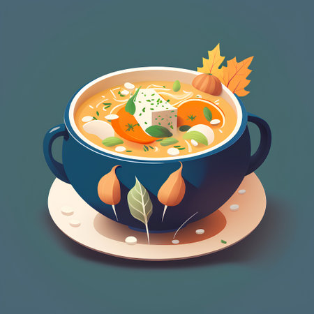 Pumpkin soup in a blue bowl. Vector illustration on a dark background.の素材