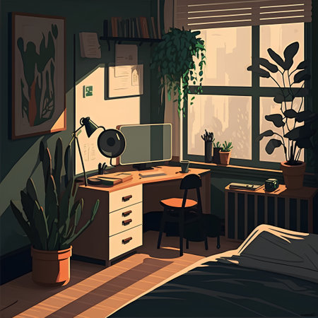 Illustration of a room with a computer, plants and a chairの素材