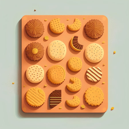Vector illustration of a square biscuit box with different types of cookies.の素材