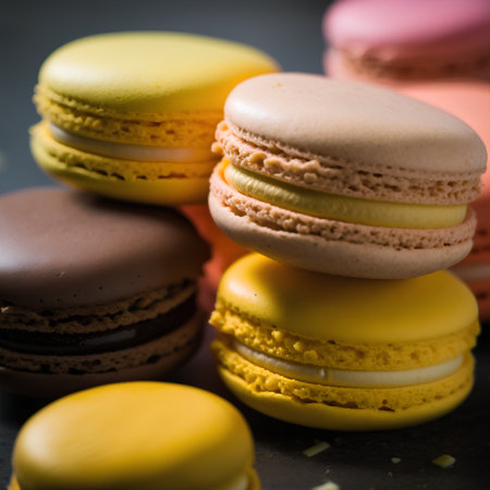 Colorful macaroons on a black background. French dessert.の素材