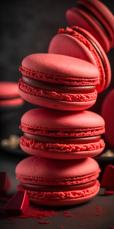 Red macaroons on a black background. French sweet dessert.の素材