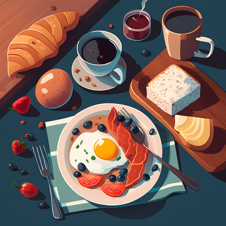 Breakfast isometric composition with fried egg, berries, croissant and coffee vector illustrationの素材