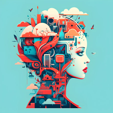 Futuristic woman face with abstract city background. Vector illustration.の素材