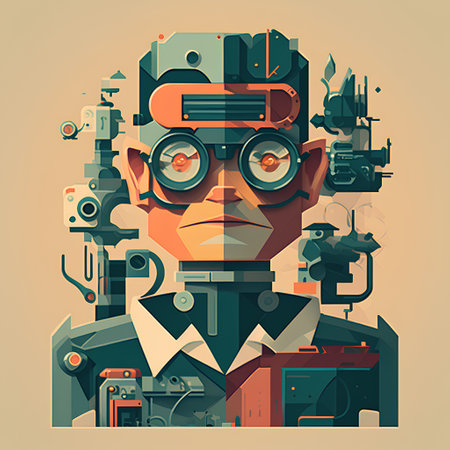 Vector illustration of a man with glasses of virtual reality. Future technology concept.の素材