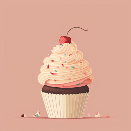 Cupcake with cream and cherry on a pink background. Vector illustrationの素材