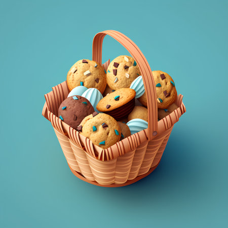Basket with chocolate chip cookies on blue background. 3d illustrationの素材