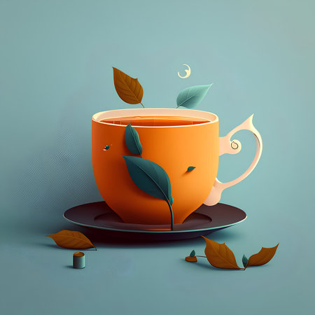 Cup of tea with leaves on blue background. 3d illustrationの素材