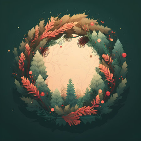 Christmas wreath made of fir branches and pine cones. Vector illustration.の素材