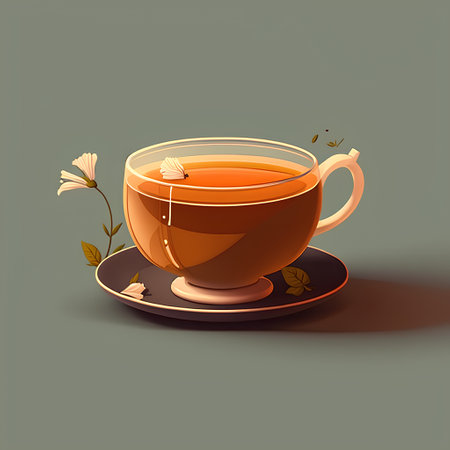 Cup of tea with a flower on a dark background. Vector illustrationの素材
