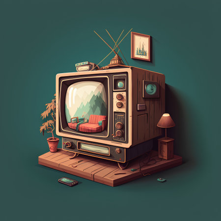 Retro TV set on a wooden platform. Vector illustration in retro style.の素材