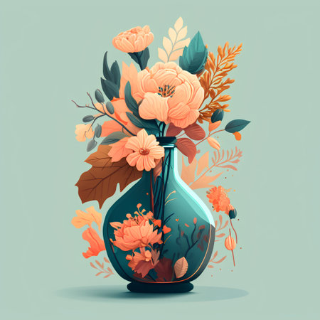 Vase with flowers and leaves. Vector illustration in retro style.の素材