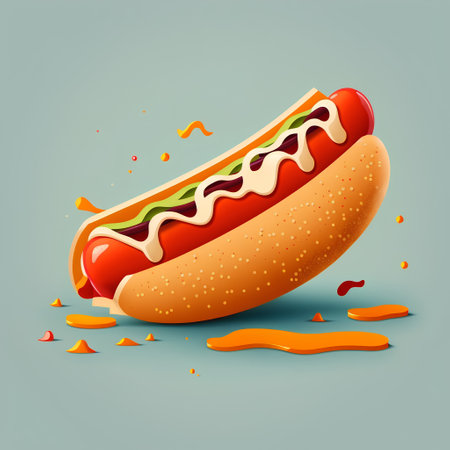 Hot dog isolated on blue background. Fast food. Vector illustration.の素材
