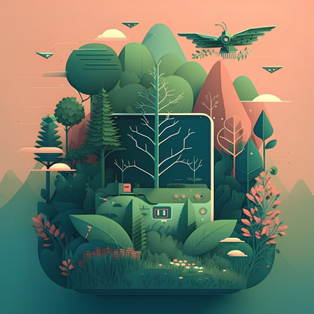 Vector illustration of a modern landscape with trees, bushes, birds and a tabletの素材