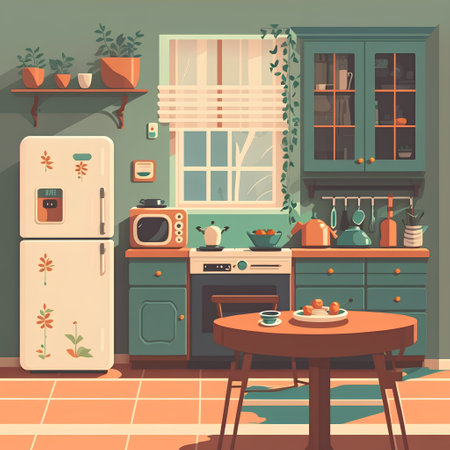 Kitchen interior with furniture. Vector illustration in flat cartoon style.の素材