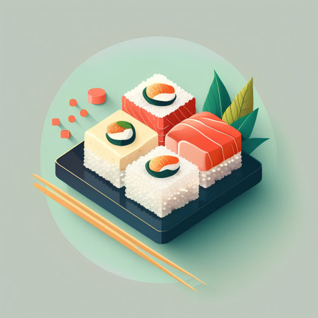 Sushi set. Sushi roll with salmon, tuna, shrimp, caviar, cream cheese, cucumber, avocado and red caviar. Vector illustrationの素材