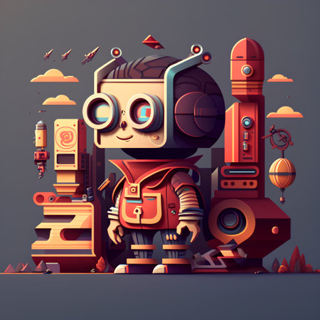 Retro robot. Cartoon illustration of retro robot character. 3d renderingの素材