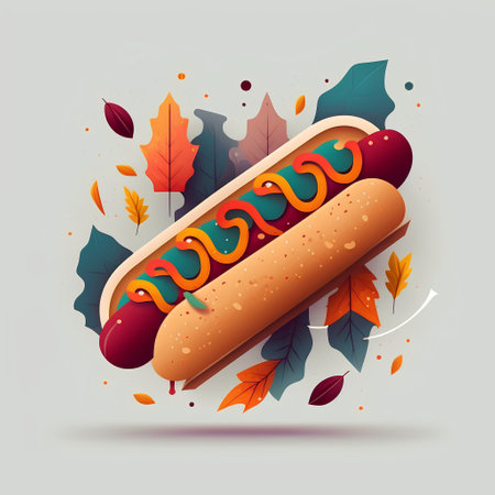 Vector illustration of hot dog with colorful autumn leaves on grey background.の素材