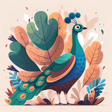 Peacock and leaves. Vector illustration in flat cartoon style.の素材