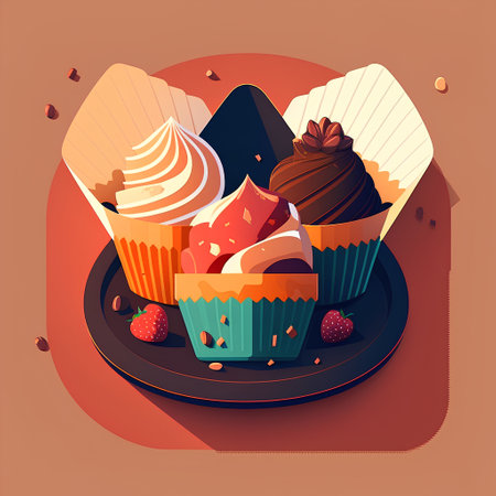 Cupcakes and muffins on a plate. Vector illustration.の素材