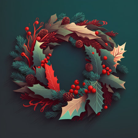 Christmas wreath with pine cones and holly berries. Vector illustration.の素材