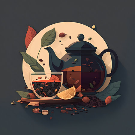 Cup of tea with teapot and ingredients. Vector illustration.の素材