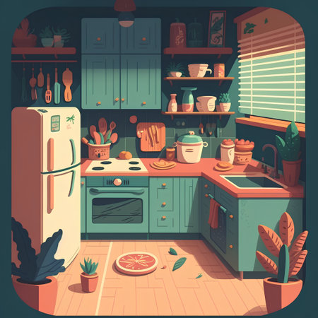 Kitchen interior with furniture. Vector illustration in flat cartoon style.の素材
