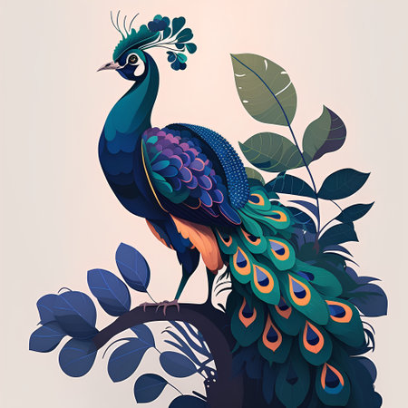 Peacock on the branch of a tree. Vector illustration.の素材