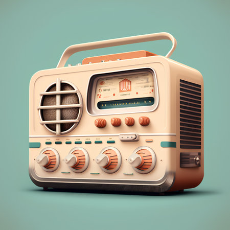 Retro radio isolated on blue background with shadow 3d render.の素材