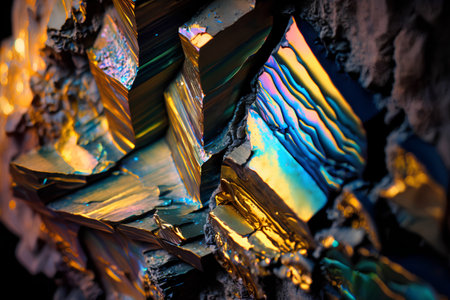 Macro shooting of natural mineral rock specimen - raw pyrite crystals in polarized lightの素材