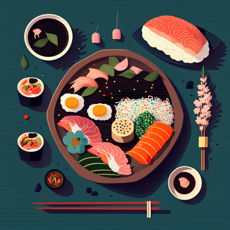 Sushi and rolls on a plate. Vector illustration in a flat style.の素材