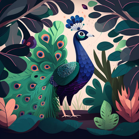 Peacock in the jungle. Colorful vector illustration in cartoon style.の素材
