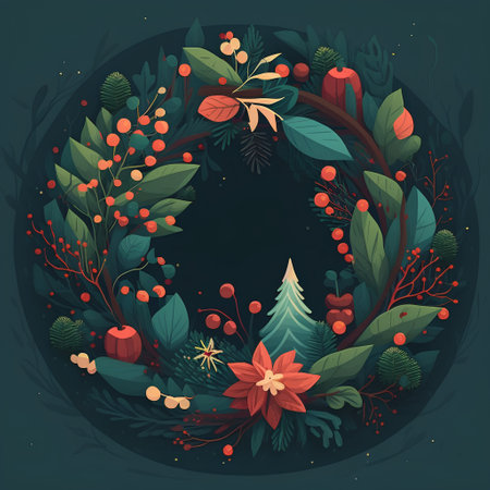 Christmas wreath with fir branches, pine cones, berries and poinsettia. Vector illustration.の素材