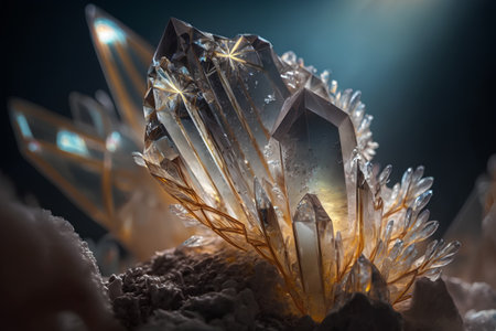Macro shot of a crystal with crystals on a dark background.の素材