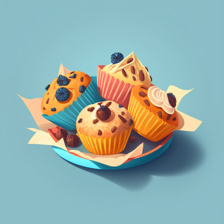 Muffins with cream and chocolate on blue background. Vector illustrationの素材