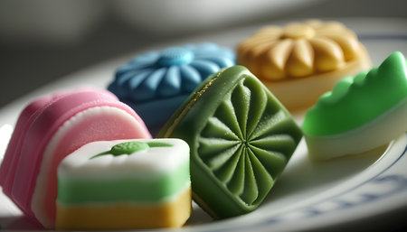 colorful japanese sweet dessert on a white plate close upの素材