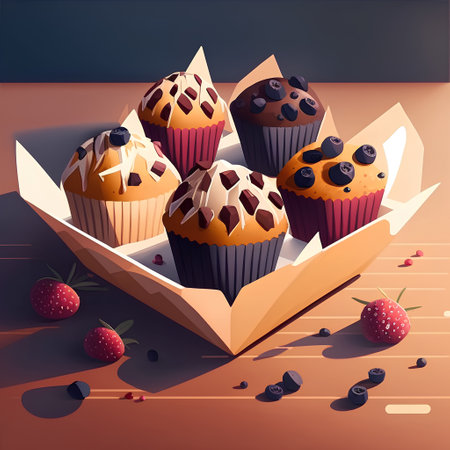 Muffins with berries in paper box on brown background. Vector illustration.の素材