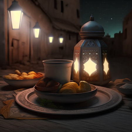 3D rendering of Ramadan Kareem background with arabic lanternsの素材