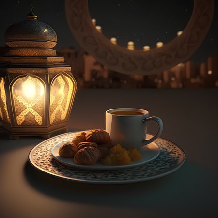3d illustration of Ramadan Kareem background with lantern and coffee cupの素材